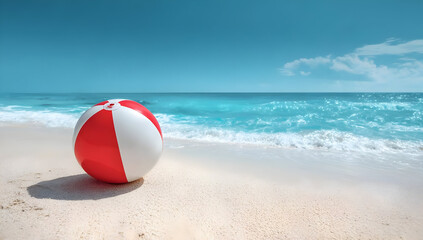 Obraz premium A vibrant beach ball rests on a sandy shore, with gentle waves lapping at the beach. The clear blue sky enhances the joyful summer atmosphere.