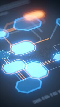 Digital flowchart glowing blue and orange nodes connected by lines dark background showcasing futuristic technology interface