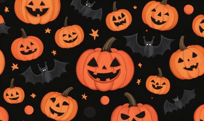 Seamless halloween pattern with carved pumpkins and flying bats creating a spooky festive atmosphere