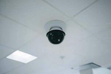 Ceiling-mounted surveillance camera in workplace environment for 24/7 monitoring and theft prevention.