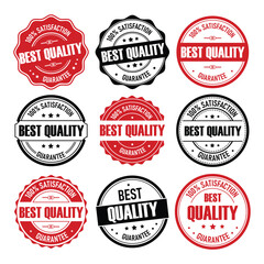 Fototapeta premium Nine quality assurance badges display the text Best Quality along with a satisfaction guarantee. The designs range in colors, showcasing professionalism for brands.