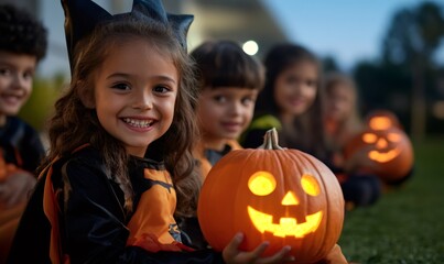 Girl wearing bat costume holding illuminated jack-o'-lantern celebrating halloween with friends