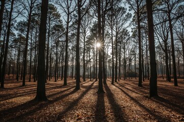Obraz premium A tranquil woodland view during late fall with towering trees stretching their shadows across the earth, bathed in gentle sunlight streaming through the limbs, evoking a serene mood.