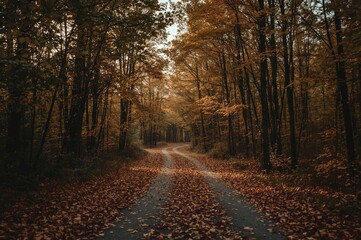 Obraz premium Strolling through a woodland in the fall as the sun sets