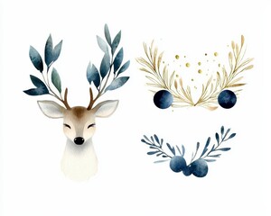 Naklejka premium Watercolor closeup portrait of cute deer. Isolated on white background. Hand drawn christmas illustration. Greeting card animal winter design decoration. Festive woodland creature painting