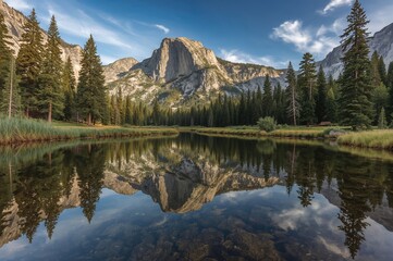 Enchanting small lake nestled in a scenic valley, with majestic cliffs and trees mirrored on the calm surface
