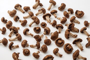 Obraz premium Dehydrated Shiitake Mushrooms Against a Plain White Surface