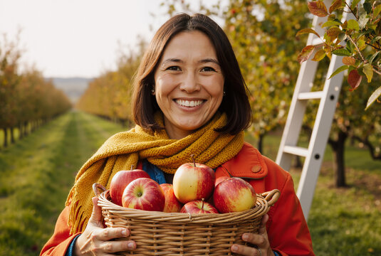 smiling woman holding basket of apples in orchard during autumn harvest with vibrant colors and joy - Powered by Adobe