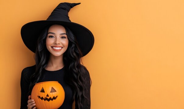 Beautiful smiling brunette woman wearing witch hat holding carved pumpkin on orange background celebrating halloween