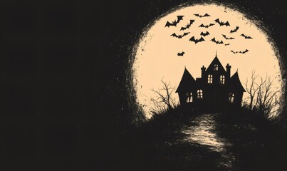 Obraz premium Spooky haunted house silhouette against a full moon with bats flying, creating a creepy halloween atmosphere