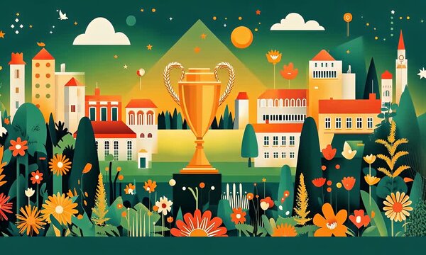 Golden trophy amidst a vibrant stylized cityscape nestled in a floral landscape  A stylized illustration featuring bui