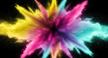 Vibrant explosion of colorful powder paint against a stark black background creating a dynamic abstract art form