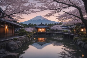 Friedliche japanische Landschaft mit Kirschblüten, traditionellem Haus und dem Berg Fuji im Hintergrund bei Sonnenuntergang