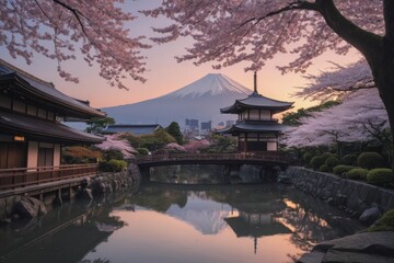 Obraz premium Friedliche japanische Landschaft mit Kirschblüten, traditionellem Haus und dem Berg Fuji im Hintergrund bei Sonnenuntergang