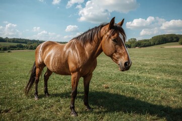 Obraz premium Chestnut horse grazing in rural farmland