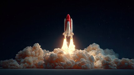 A rocket launches into space, leaving a plume of smoke.