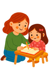 Illustration of Mom Helping Daughter with Homework