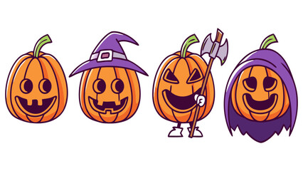 Funny Halloween Pumpkin Cartoon Set – Cute Jack-O’-Lanterns with Witch Hat, Axe, and Cloak