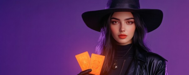 Fortune teller showing luminous tarot cards on purple background, wearing witch costume for halloween night