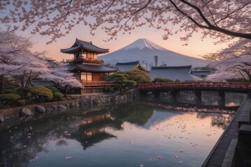 Fototapeta premium Friedliche japanische Landschaft mit Kirschblüten, traditionellem Haus und dem Berg Fuji im Hintergrund bei Sonnenuntergang