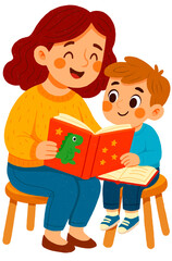 Mom and Son Reading Storybook Illustration