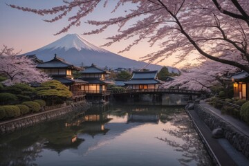 Obraz premium Friedliche japanische Landschaft mit Kirschblüten, traditionellem Haus und dem Berg Fuji im Hintergrund bei Sonnenuntergang