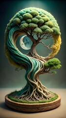A surreal, intricately twisted tree with lush green and yellow foliage, resembling an infinity symbol, with a crescent moon visible through its branches against a dark, ethereal background