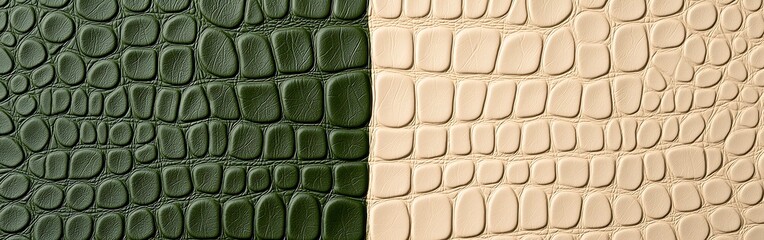 Fototapeta premium The image features two types of textured leather, one dark green and the other light beige, resembling crocodile skin.