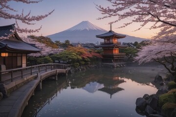 Fototapeta premium Friedliche japanische Landschaft mit Kirschblüten, traditionellem Haus und dem Berg Fuji im Hintergrund bei Sonnenuntergang