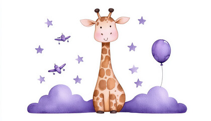 Obraz premium Watercolor purple illustration of a cute animal safary giraffe and fancy sky scene complete with airplanes and balloons clouds. Baby and pattern. baby shower. Adorable violet