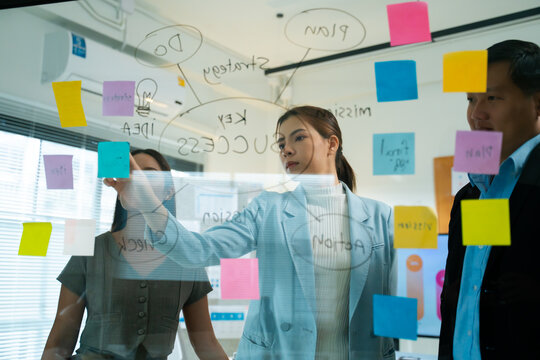 Group of young asian creative business brain storm meeting presentation,discussing roadmap to product launch, planning,strategy,new business development,working with new startup project in office. - Powered by Adobe