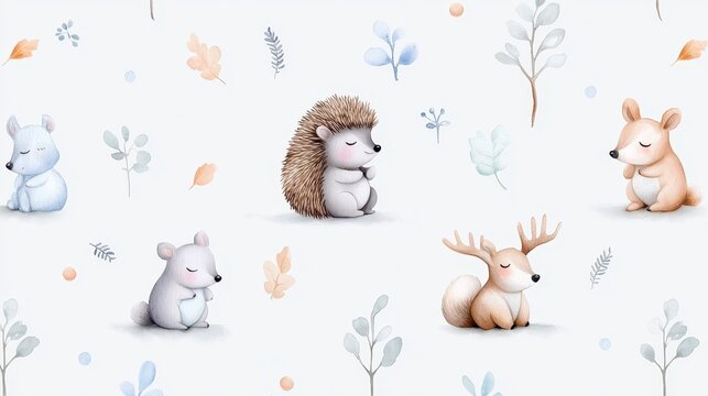 Watercolor pattern of cute baby cartoon hedg. Painted backdrop of adorable infant comical porcupine aquarelle design animalistic theme nursery art childish illustration soft texture.