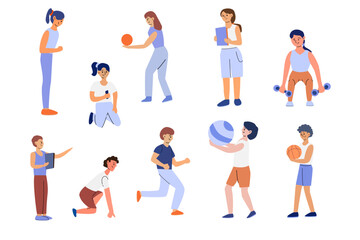 Young diverse boys and girls engaged in various physical activities with exercise equipment.