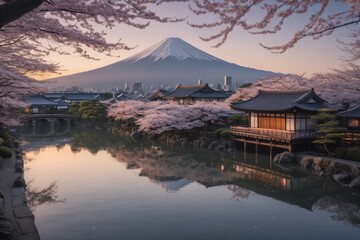 Obraz premium Friedliche japanische Landschaft mit Kirschblüten, traditionellem Haus und dem Berg Fuji im Hintergrund bei Sonnenuntergang