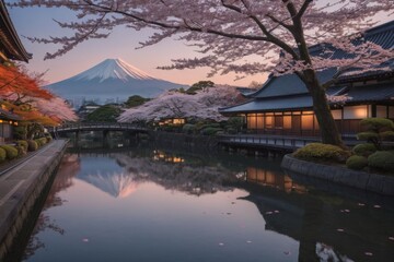 Friedliche japanische Landschaft mit Kirschblüten, traditionellem Haus und dem Berg Fuji im Hintergrund bei Sonnenuntergang