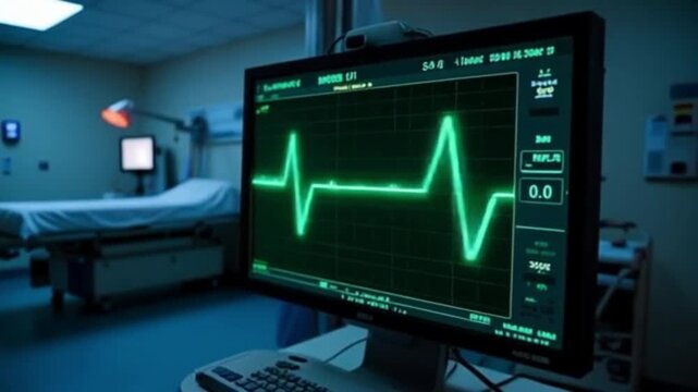 Real Time ECG Monitor Display Showing Heartbeat Waveform on Arrival. Medical EKG Screen Graphic.