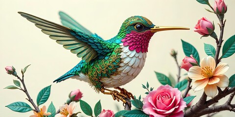 Obraz premium Ornate Hummingbird Perched Amongst Delicate Spring Blossoms, a Masterpiece of Artistic Craftsmanship