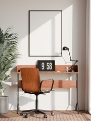 Modern Home Office Interior with Wooden Desk, Chair, and Vertical Blank Frame Mockup on Wall