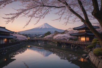 Friedliche japanische Landschaft mit Kirschblüten, traditionellem Haus und dem Berg Fuji im Hintergrund bei Sonnenuntergang
