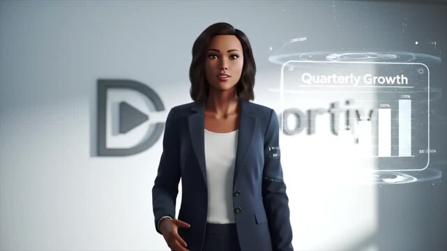 A photorealistic AI avatar instructor teaching a corporate training module. Business, education, technology concept.