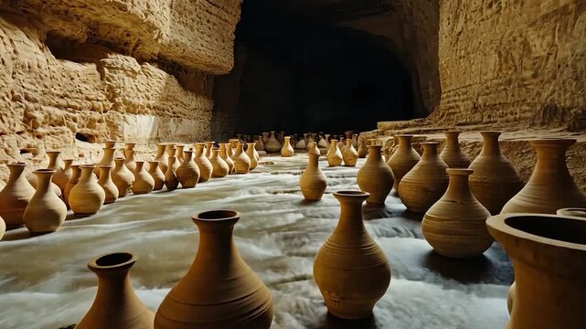 Clay jars in a cave