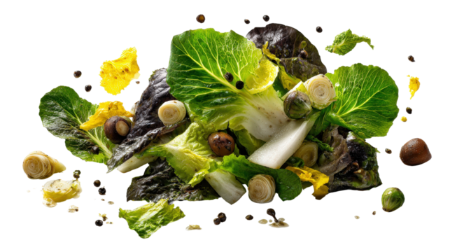 Food waste with discarded salad leaves and cores background isolated on a Transparent background, PNG file.