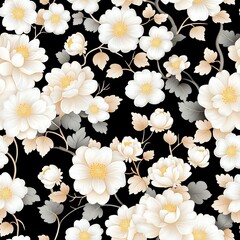 Elegant White and Beige Floral Pattern on Black Background
