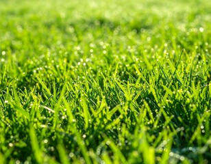 Naklejka premium Close Up Fresh Green Grass with Water Droplets Morning Landscape