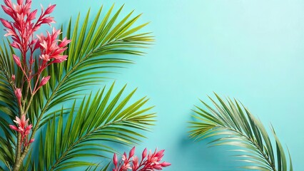 Fototapeta premium Vibrant Pink Flowers and Lush Green Palm Fronds Arranged on a Light Blue Background for a Tropical Summer Theme
