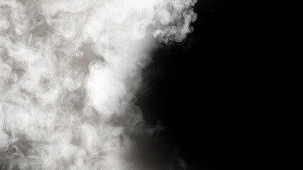 Black background with smoke and steam. The smoke is thick and dark, and the steam is rising from the ground. Dramatic smoke or fog effect. Mockup. Copy Space. Wallpaper or Halloween background