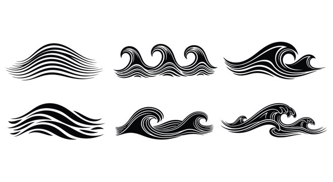 Collection of stylized ocean waves in black and white artistic rendering for design projects vector