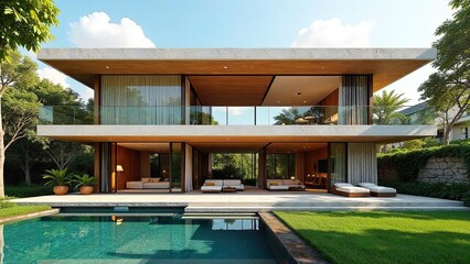 Fototapeta premium Modern architectural design showcasing a luxurious two-story home with a stunning infinity pool and lush landscaping