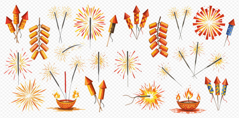 A vibrant collection of festive fireworks, including lit sparklers, rockets, firecrackers, and Diya lamps for Diwali celebrations.