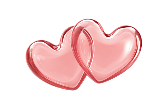 Two Linked Glossy Pink Hearts isolated on white transparent background